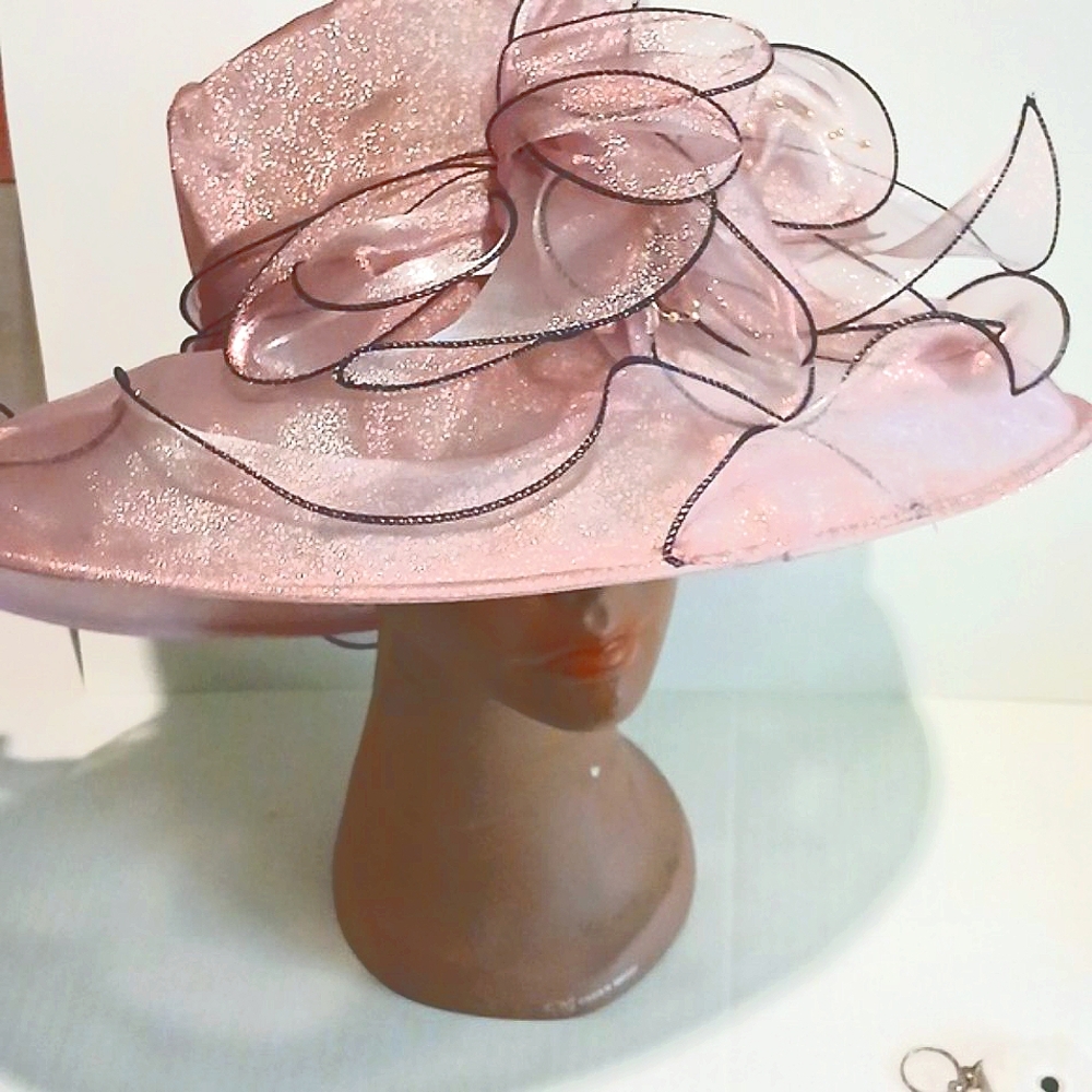 E  legant Pink Womens Dress Hat with Decorative Swirls